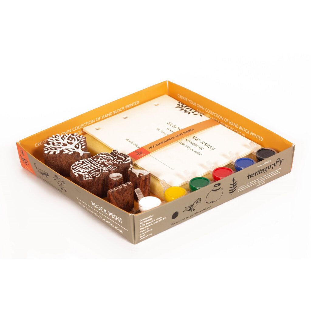 DIY Wooden Block Printing Craft kit Print your own Panchtantra Story book Haathi & Kargosh