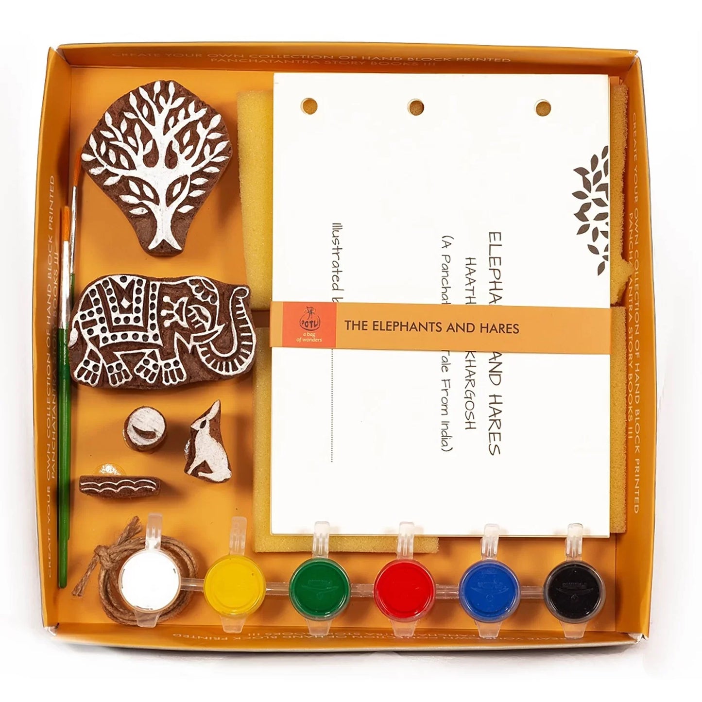DIY Wooden Block Printing Craft kit Print your own Panchtantra Story book Haathi & Kargosh