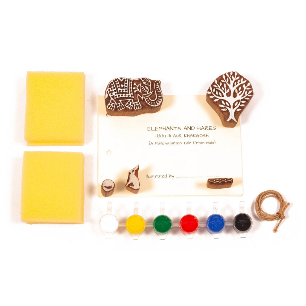 DIY Wooden Block Printing Craft kit Print your own Panchtantra Story book Haathi & Kargosh