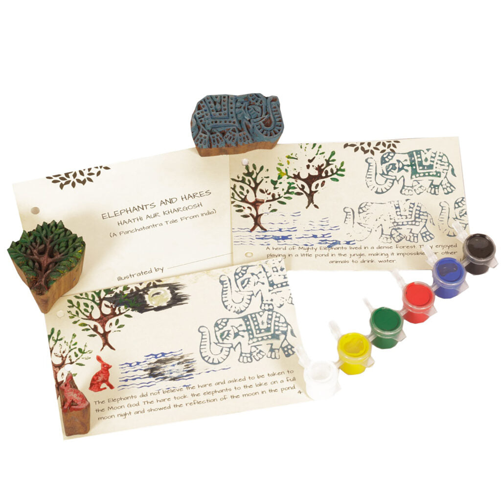 DIY Wooden Block Printing Craft kit Print your own Panchtantra Story book Haathi & Kargosh