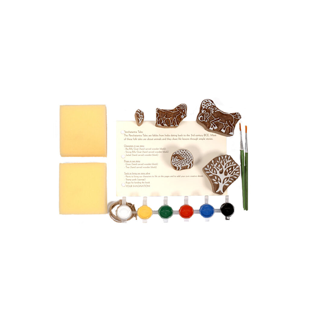 DIY Wooden Block Printing Craft kit Print your own Panchtantra Story book Goats and Jackal