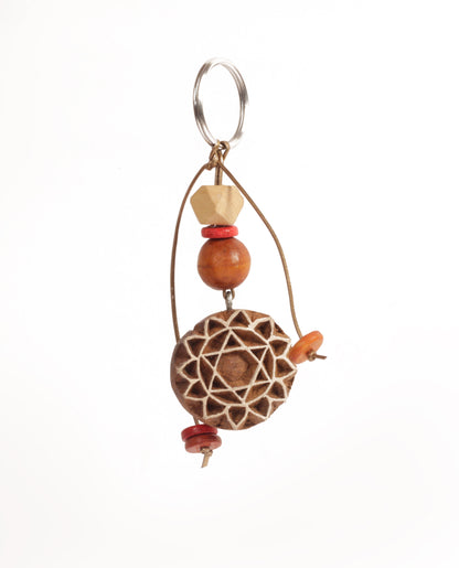 Hand Carved Wooden Keyring Mandala  Rust