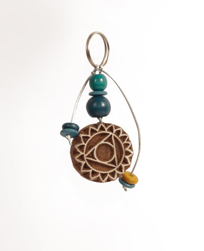 Hand Carved Wooden Keyring Mandala Blue