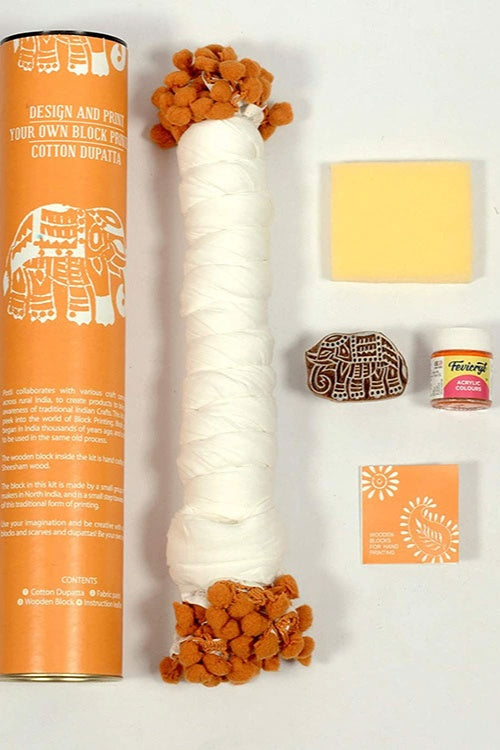 DIY Block print your own Dupatta kit Orange Elephant